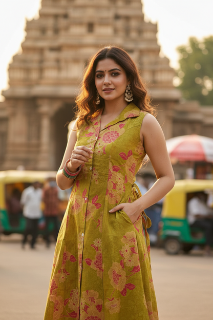 Olive Green Floral Sleeveless Aline Kurti (IB047)