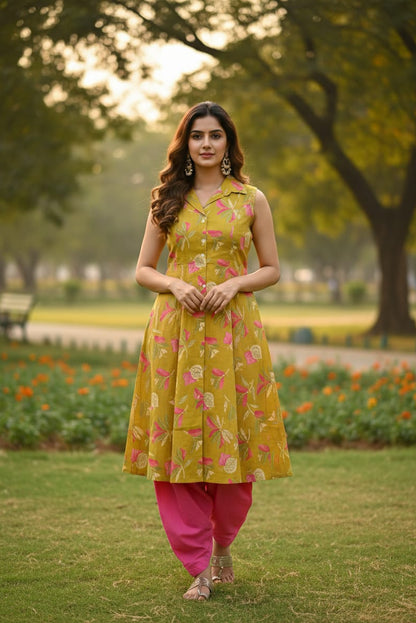 Lime Yellow Floral Sleeveless Aline Kurti (IB050)