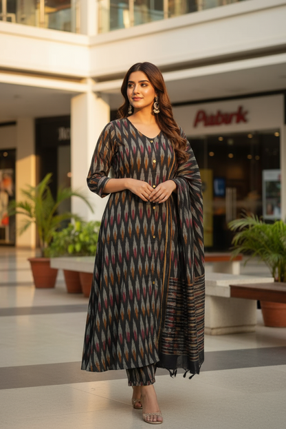 Elegant Charcoal Ikat Aline Kurti (IB057)