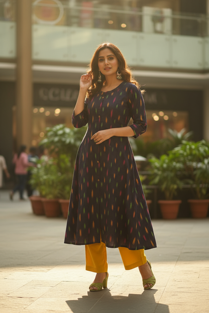 Navy Blue Multi-Color Ikat Aline Kurti (IB066)
