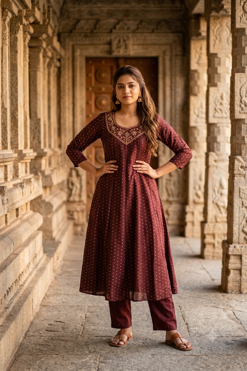 Maroon Wine Gold Embroidered Yoke Micro-Booti A-Line Kurti (IB0492)