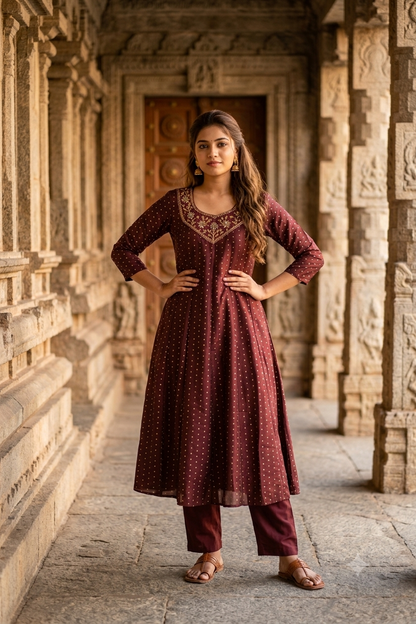 Maroon Wine Gold Embroidered Yoke Micro-Booti A-Line Kurti (IB0492)