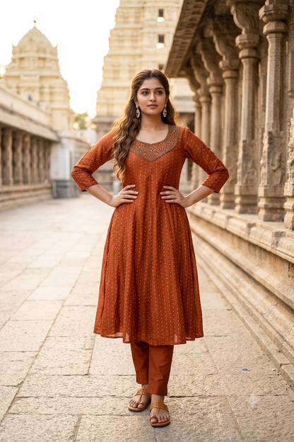 Rust Orange Gold Embroidered Yoke Micro-Booti A-Line Kurti (IB0493)