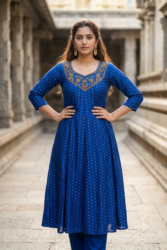 Royal Blue Gold Embroidered Yoke Micro-Booti A-Line Kurti (IB0494)