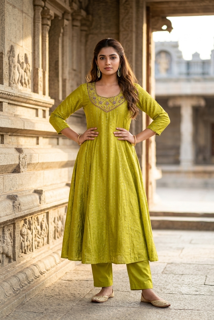 Olive Lime Green Gold Embroidered Yoke Micro-Booti A-Line Kurti (IB0495)