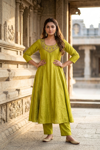 Olive Lime Green Gold Embroidered Yoke Micro-Booti A-Line Kurti (IB0495)