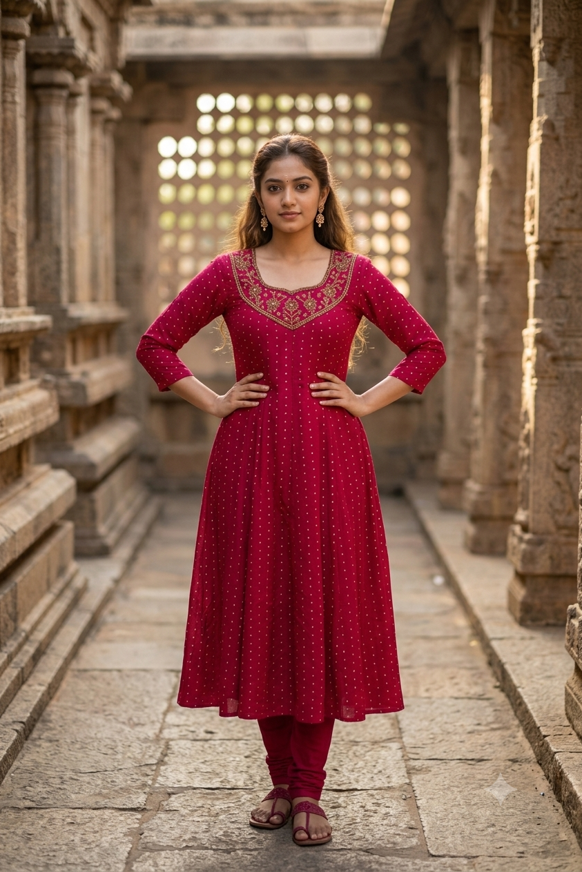 Magenta Pink Gold Embroidered Yoke Micro-Booti A-Line Kurti (IB0496)