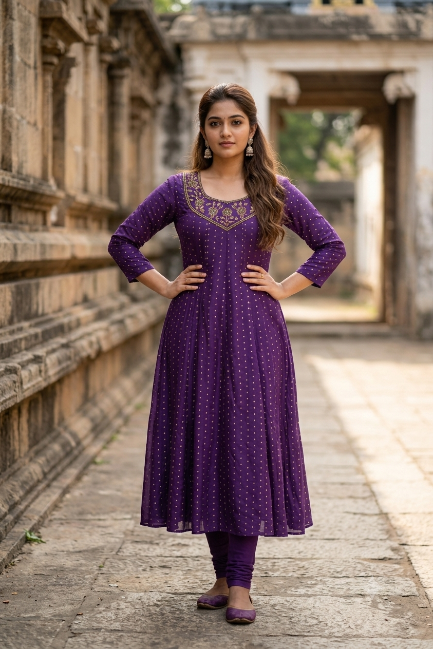 Royal Purple A-Line Silk Cotton Kurti with Zari Embroidered Yoke (IB0497)