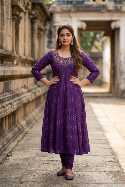 Royal Purple A-Line Silk Cotton Kurti with Zari Embroidered Yoke (IB0497)