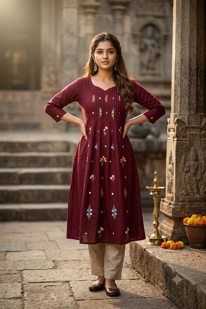 Wine Maroon Embroidered Pintuck A-Line Kurti (IB0498)