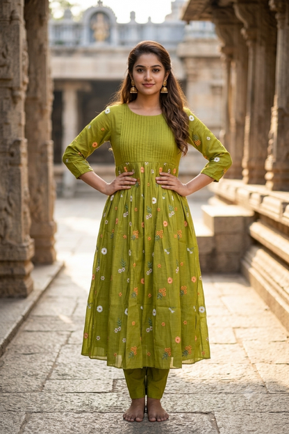 Olive Green Floral Thread Embroidered Pintuck A-Line Kurti (IB0499)