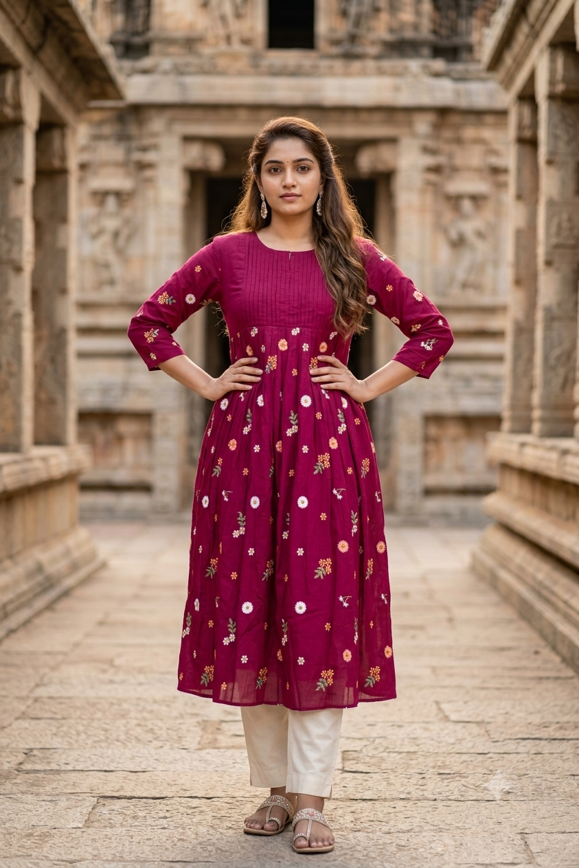 Magenta Pink Floral Thread Embroidered Pintuck A-Line Kurti (IB0500)