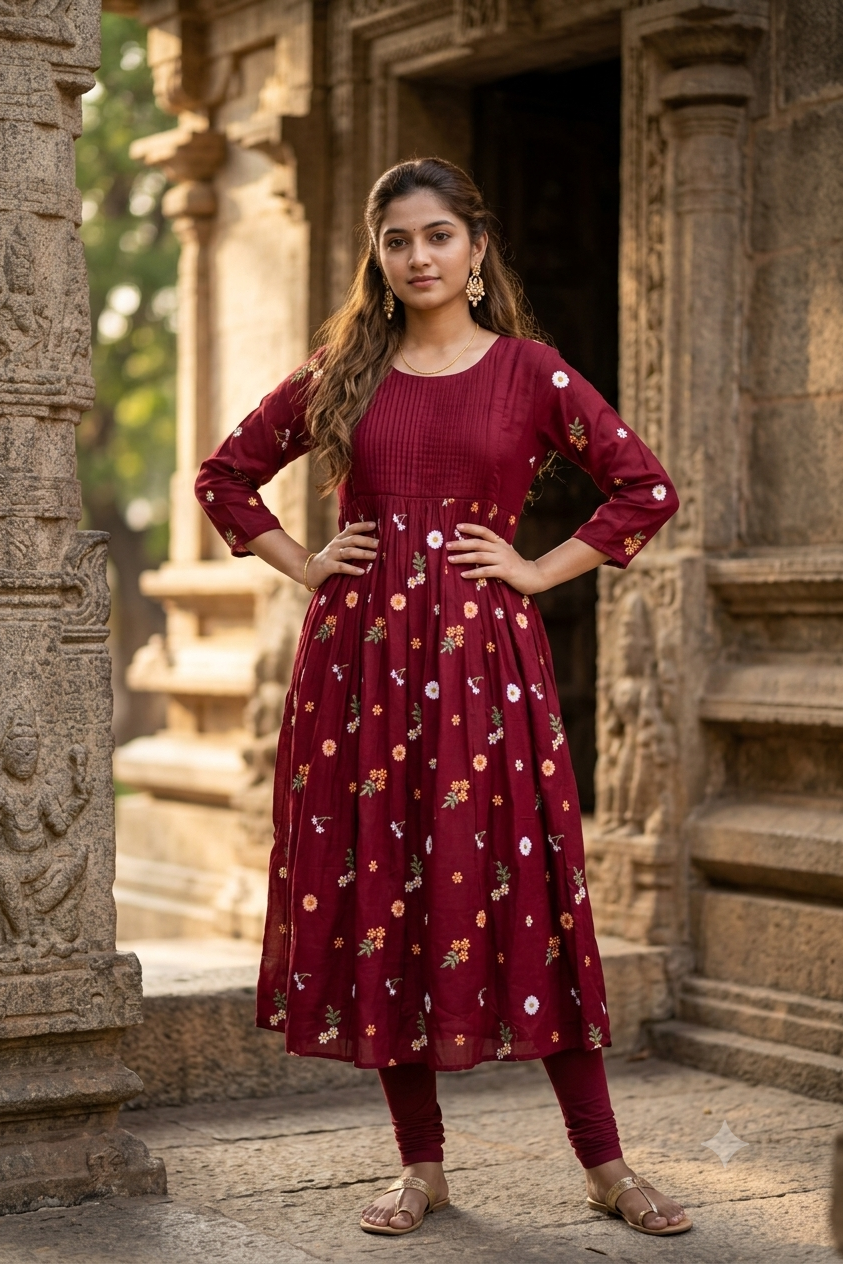 Maroon Red Floral Thread Embroidered Pintuck A-Line Kurti (IB0501)