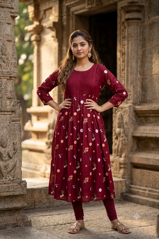 Maroon Red Floral Thread Embroidered Pintuck A-Line Kurti (IB0501)