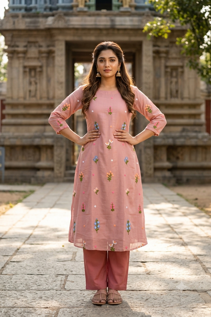 Peach Floral Thread Embroidered Cotton A-Line Kurti (IB0502)