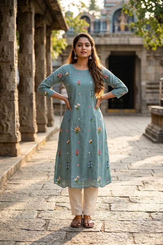 Powder Blue Floral Thread Embroidery A-Line Kurti (IB0503)
