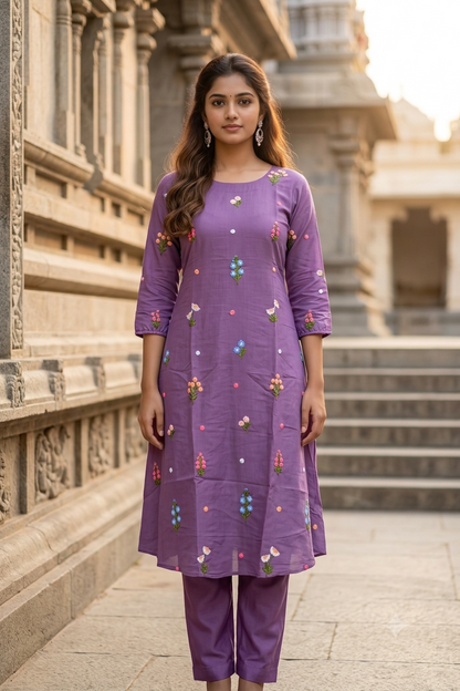 Mauve Lavender Hand-Embroidered Floral Motif Flared A-Line Kurti (IB0504)