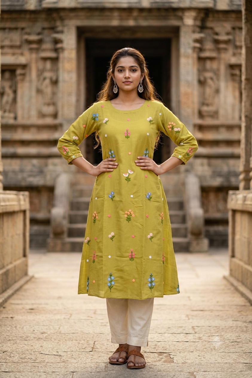 Olive Green Hand-Embroidered Floral Motif Flared A-Line Kurti (IB0505)