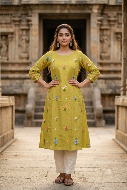 Olive Green Hand-Embroidered Floral Motif Flared A-Line Kurti (IB0505)