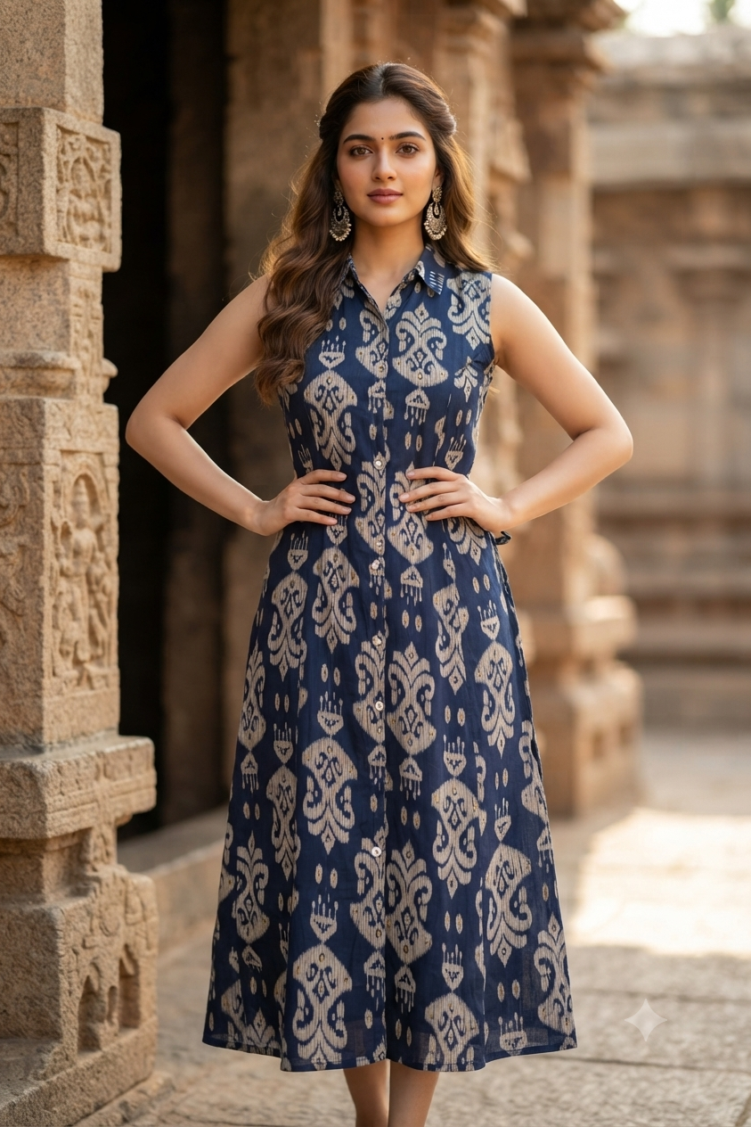 Indigo Printed Cotton Sleeveless Front-Button A-Line Kurti (IB0531)