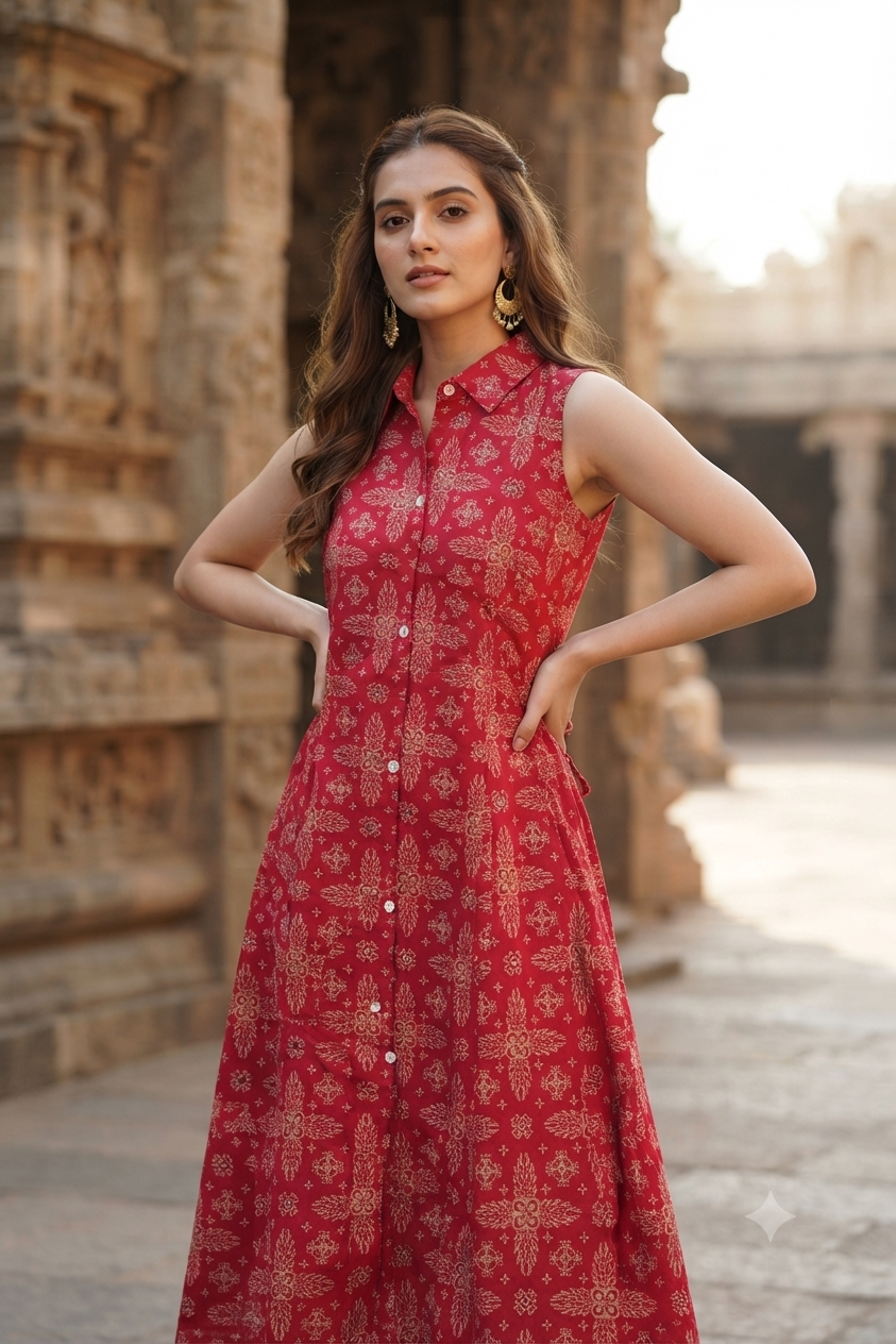 Crimson Red Block Print Sleeveless A-Line Shirt Kurti (IB0532)