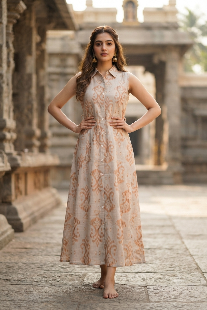Beige & Ochre Ikat Print Sleeveless A-Line Shirt Kurti (IB0533)