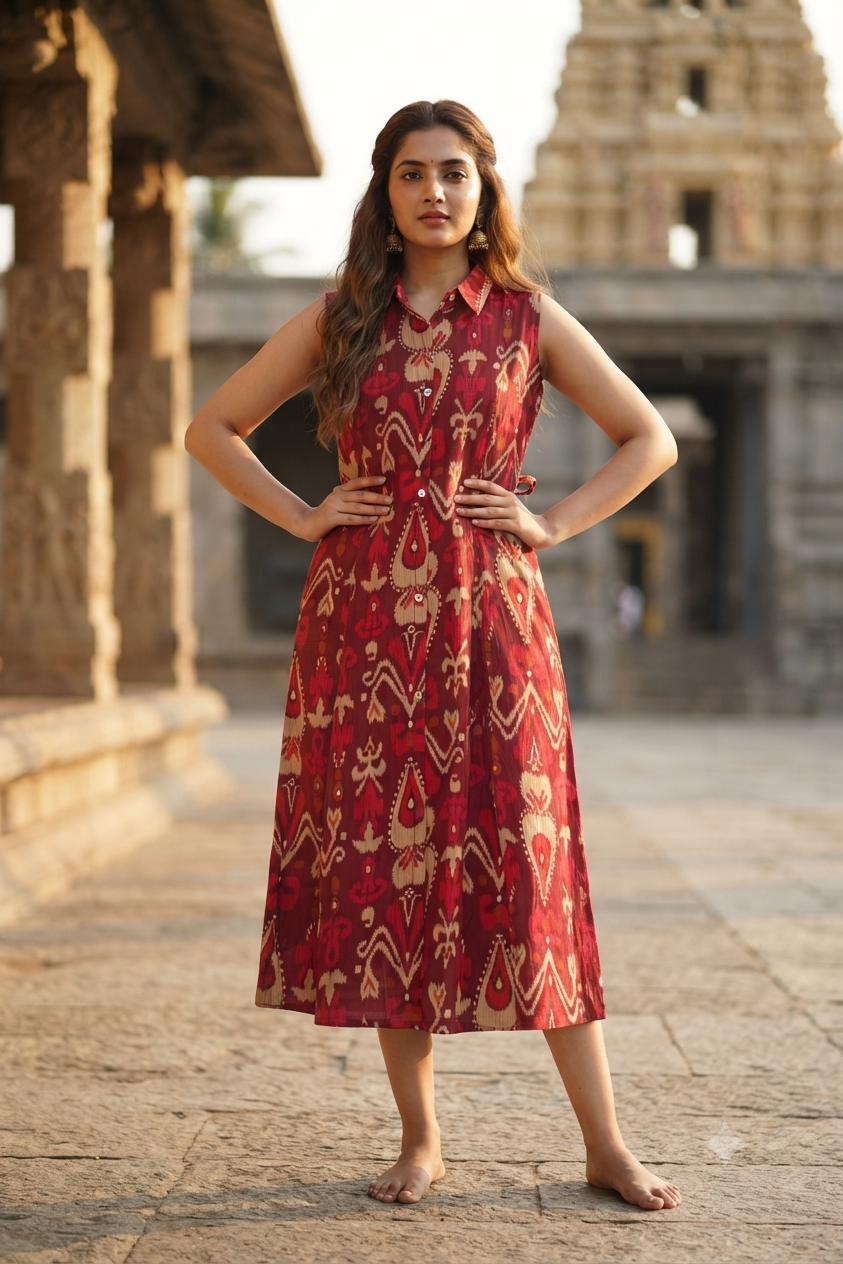Maroon Ikat Print Sleeveless A-Line Shirt Kurti (IB0534)