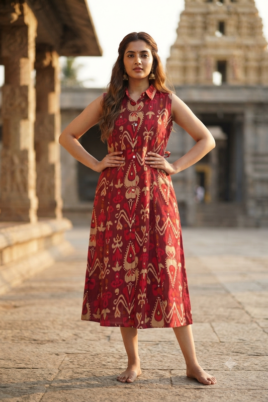 Maroon Ikat Print Sleeveless A-Line Shirt Kurti (IB0534)