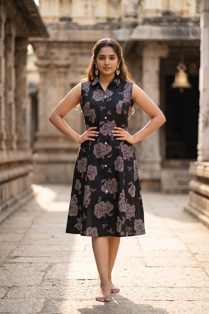 Black Floral Print Sleeveless A-Line Shirt Kurti (IB0535)