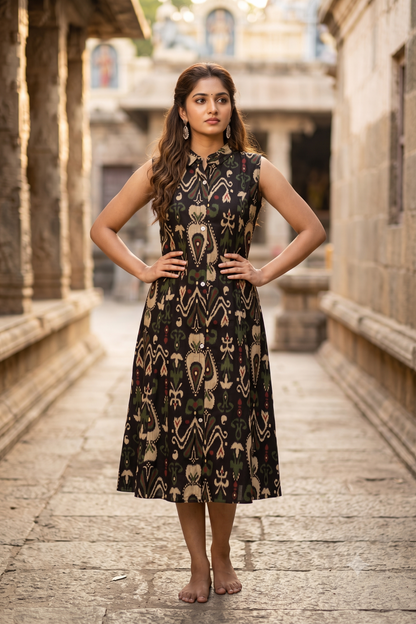 Black Multicolored Ikat Print Sleeveless A-Line Shirt Kurti (IB0536)