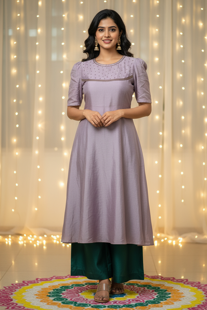 Lilac A-Line Kurti with Puff Sleeves (IB079)