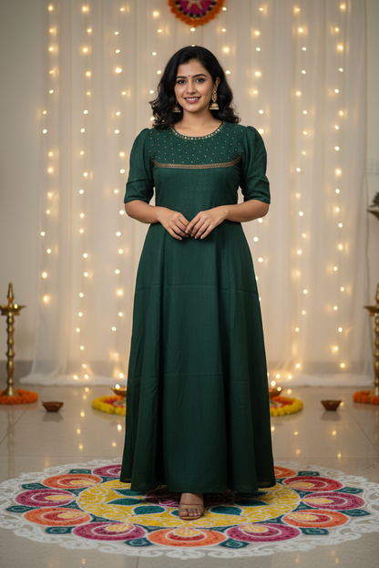 Emerald Green Anarkali-Style Kurta with Puff Sleeves (IB082)