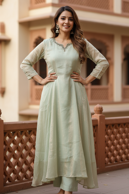 Mint Green Shimmer A-Line Kurti (IB092)