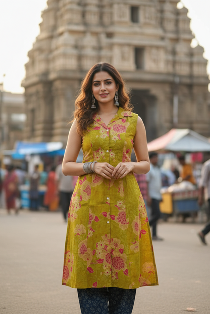 Olive Green Floral Sleeveless Aline Kurti (IB047)