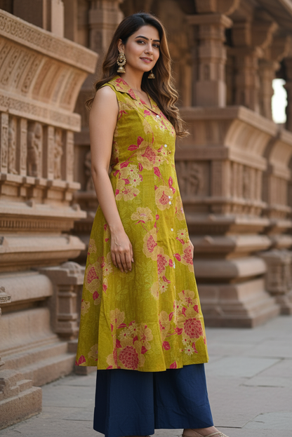 Olive Green Floral Sleeveless Aline Kurti (IB047)