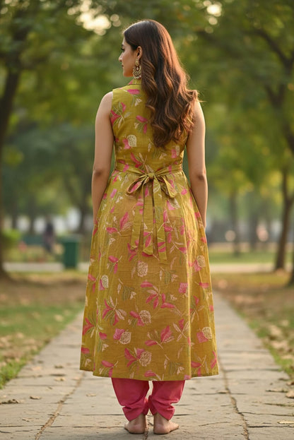 Lime Yellow Floral Sleeveless Aline Kurti (IB050)