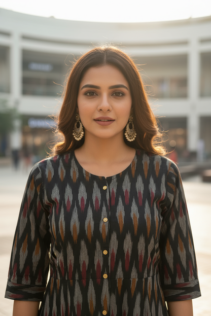 Elegant Charcoal Ikat Aline Kurti (IB057)