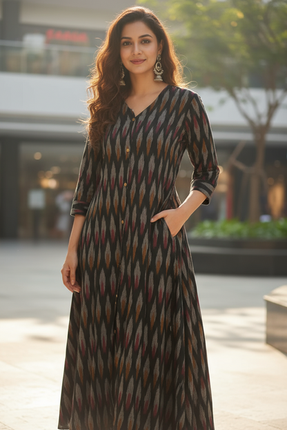 Elegant Charcoal Ikat Aline Kurti (IB057)