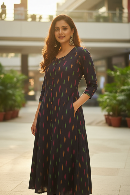 Navy Blue Multi-Color Ikat Aline Kurti (IB066)