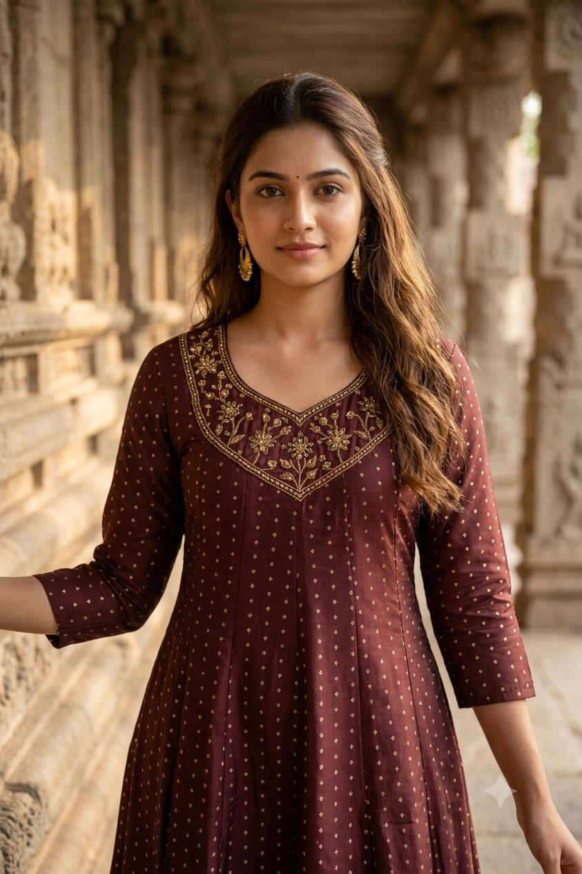 Maroon Wine Gold Embroidered Yoke Micro-Booti A-Line Kurti (IB0492)