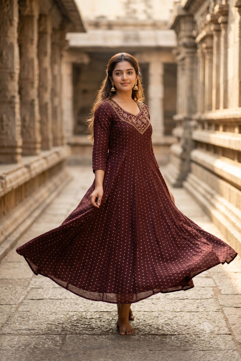 Maroon Wine Gold Embroidered Yoke Micro-Booti A-Line Kurti (IB0492)