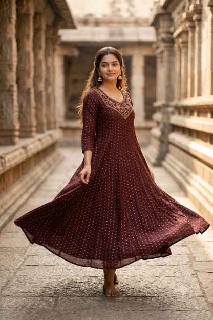 Maroon Wine Gold Embroidered Yoke Micro-Booti A-Line Kurti (IB0492)