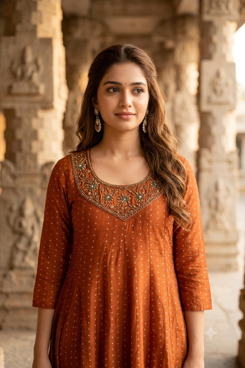 Rust Orange Gold Embroidered Yoke Micro-Booti A-Line Kurti (IB0493)