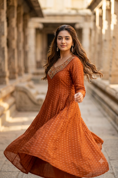 Rust Orange Gold Embroidered Yoke Micro-Booti A-Line Kurti (IB0493)