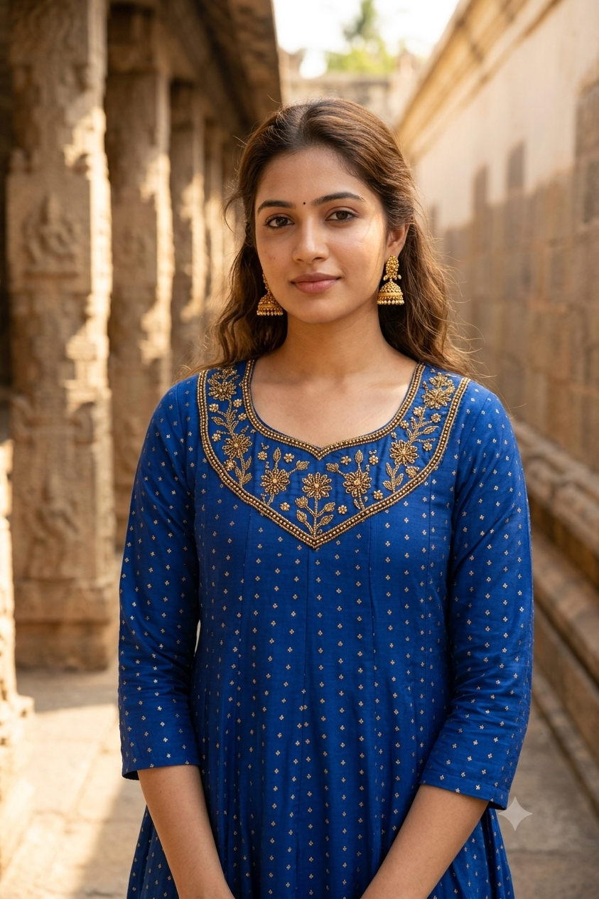 Royal Blue Gold Embroidered Yoke Micro-Booti A-Line Kurti (IB0494)