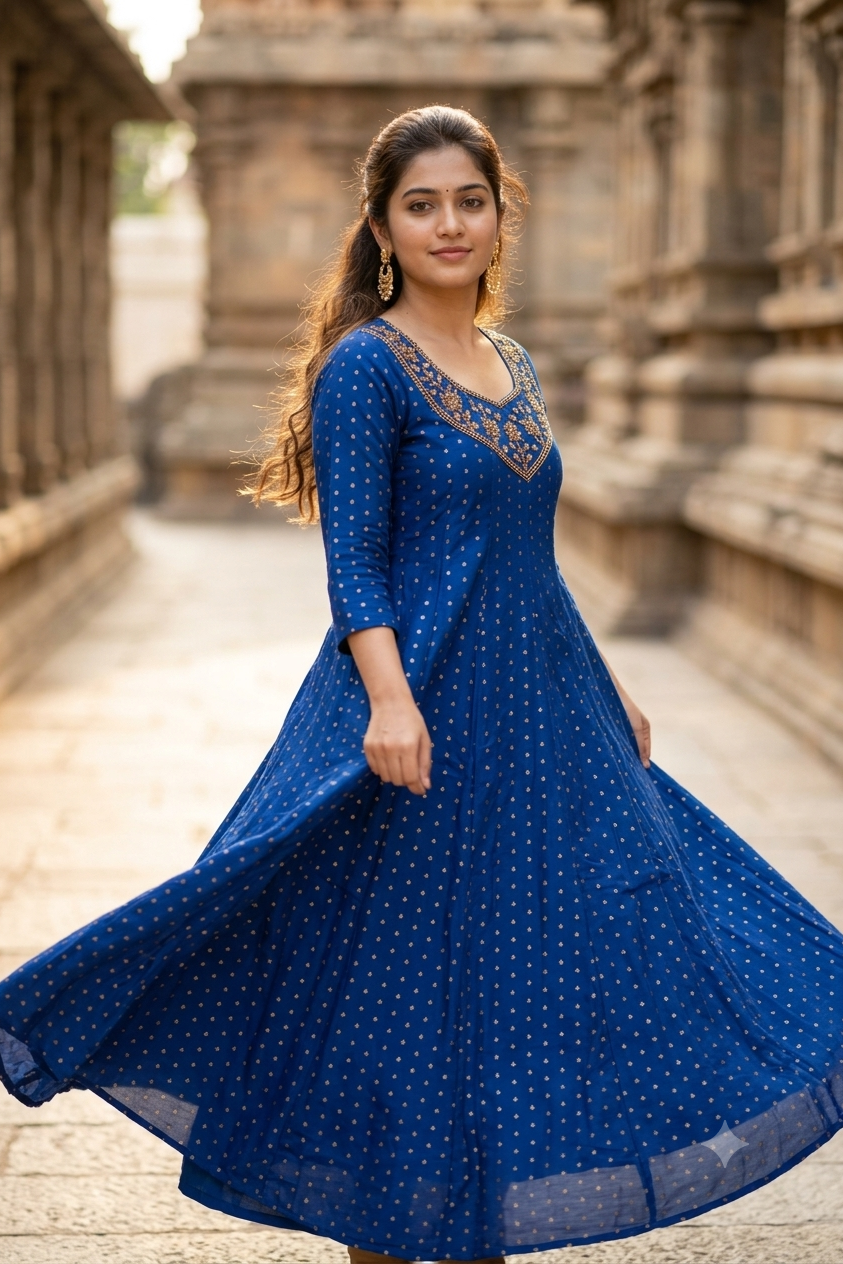 Royal Blue Gold Embroidered Yoke Micro-Booti A-Line Kurti (IB0494)
