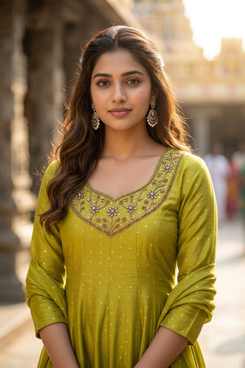 Olive Lime Green Gold Embroidered Yoke Micro-Booti A-Line Kurti (IB0495)