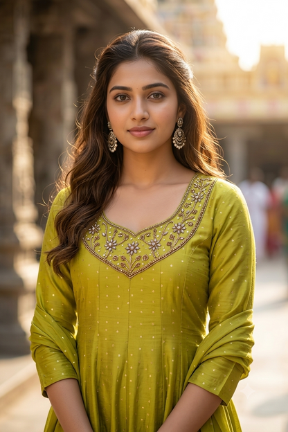 Olive Lime Green Gold Embroidered Yoke Micro-Booti A-Line Kurti (IB0495)
