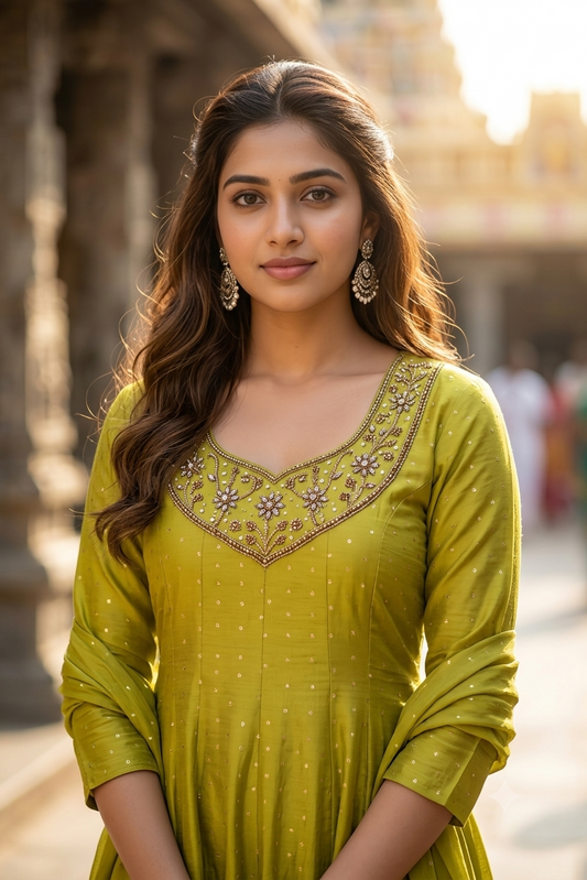 Olive Lime Green Gold Embroidered Yoke Micro-Booti A-Line Kurti (IB0495)