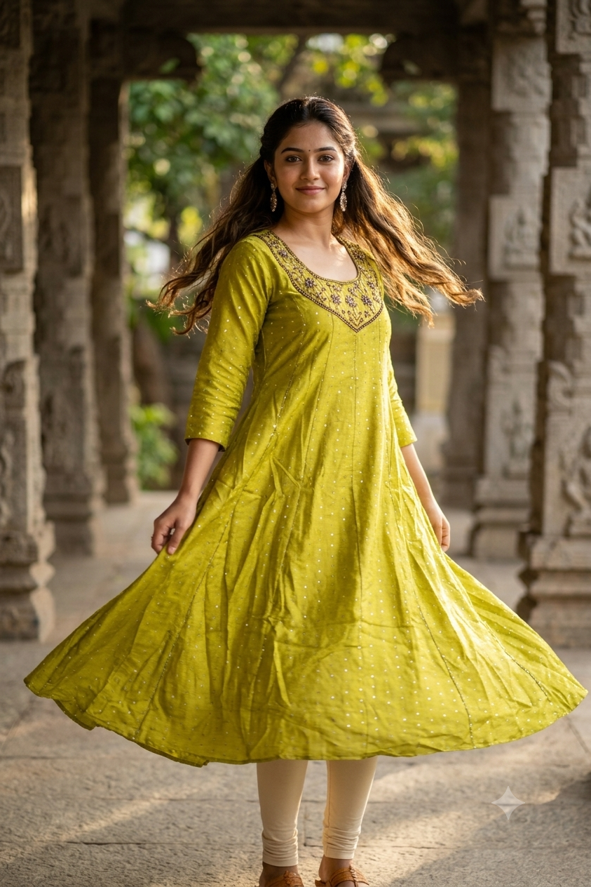 Olive Lime Green Gold Embroidered Yoke Micro-Booti A-Line Kurti (IB0495)